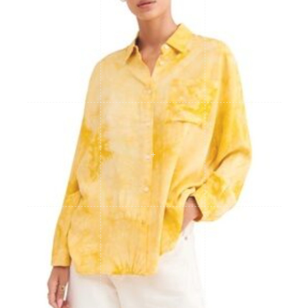 🔴Caara Stella Yellow White Tie Dye Marble Button Up Oversized Blouse small
